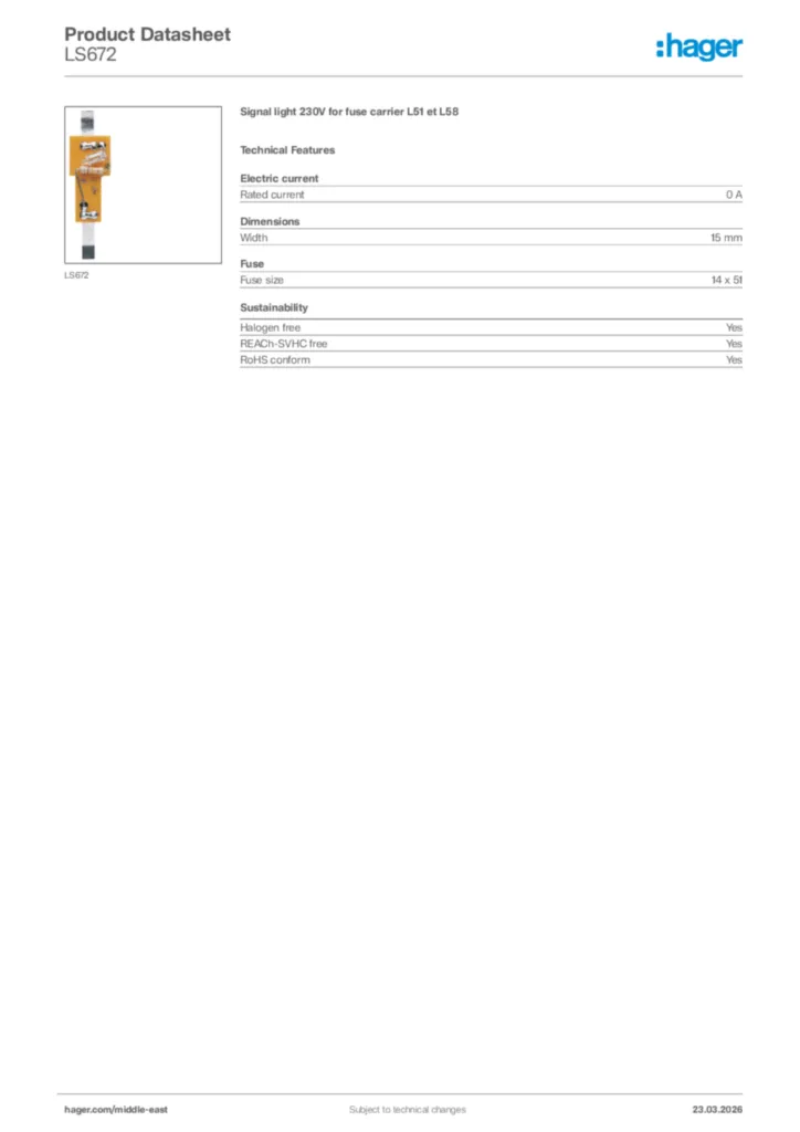 Image Hager Product data sheet LS672  | Hager