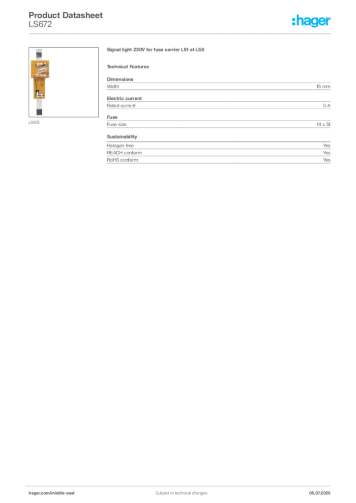 Image Hager Product data sheet LS672  | Hager