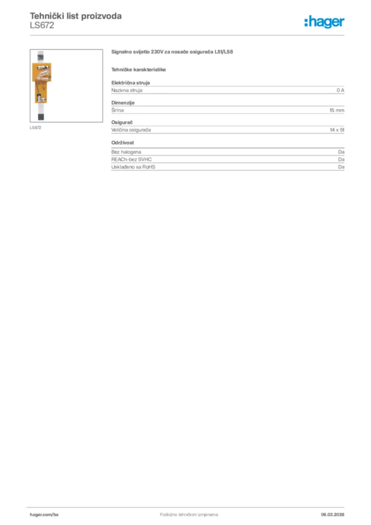 Slika Hager Tehnički list proizvoda LS672  | Hager