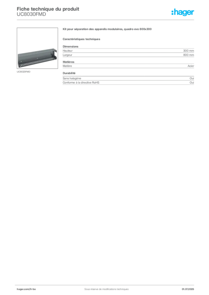 Image Hager Fiche technique du produit UC8030FMD | Hager Belgique
