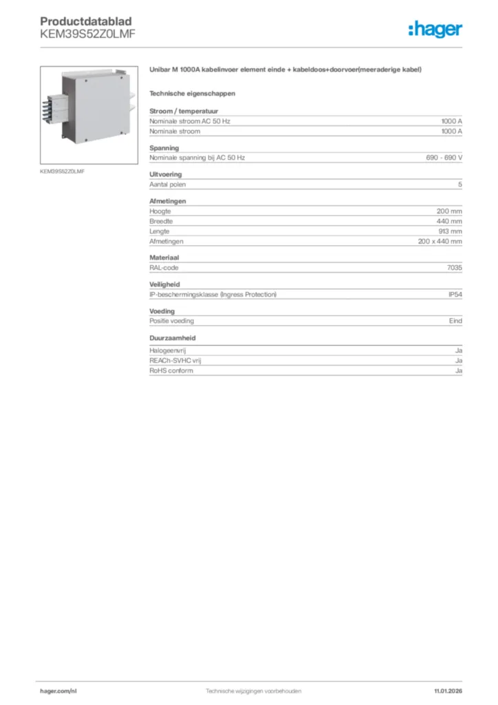 Afbeelding Hager Productdatablad KEM39S52Z0LMF | Hager Nederland