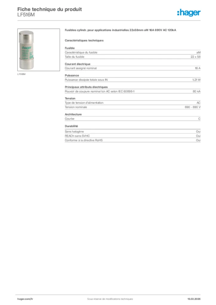 Image Hager Fiche technique du produit LF516M | Hager France