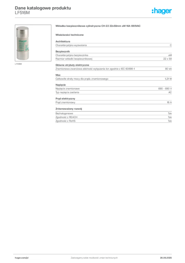 Zdjęcie Hager Dane katalogowe produktu LF516M | Hager Polska