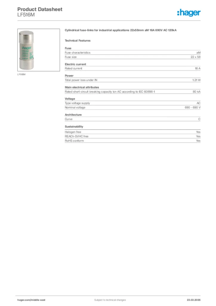 Image Hager Product data sheet LF516M  | Hager