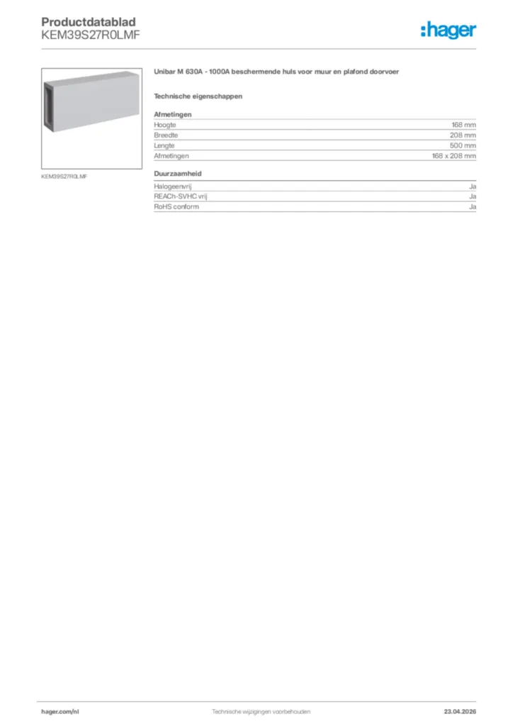 Afbeelding Hager Productdatablad KEM39S27R0LMF | Hager Nederland