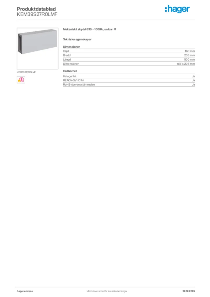 Bild Hager Produktdatablad KEM39S27R0LMF | Hager Sverige