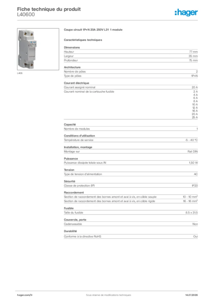 Image Hager Fiche technique du produit L40600 | Hager France