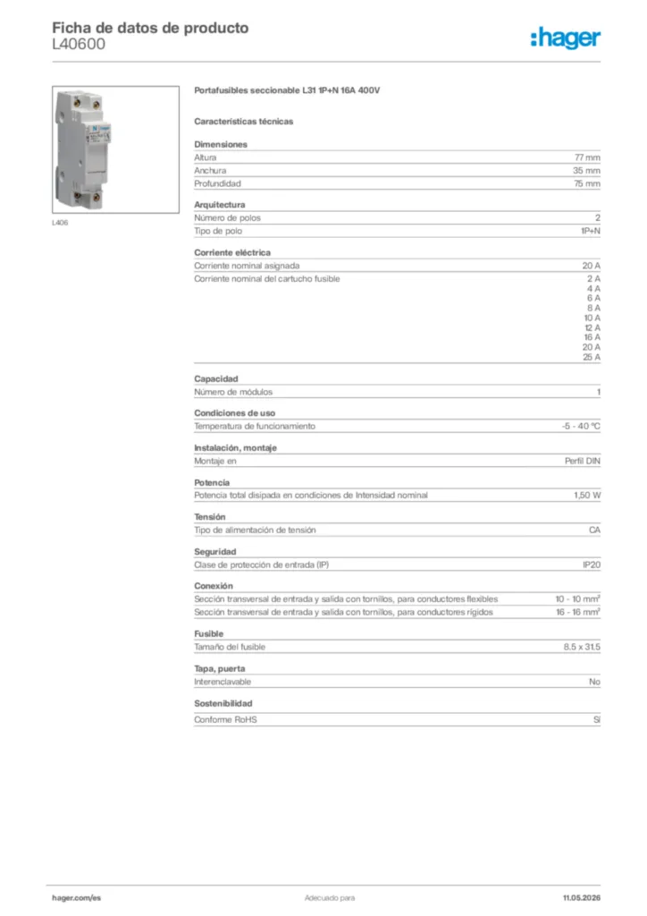 Imagen Hager Ficha de datos de producto L40600 | Hager España