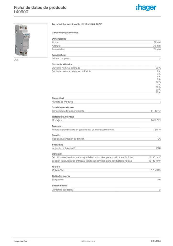 Imagen Hager Ficha de datos de producto L40600 | Hager España