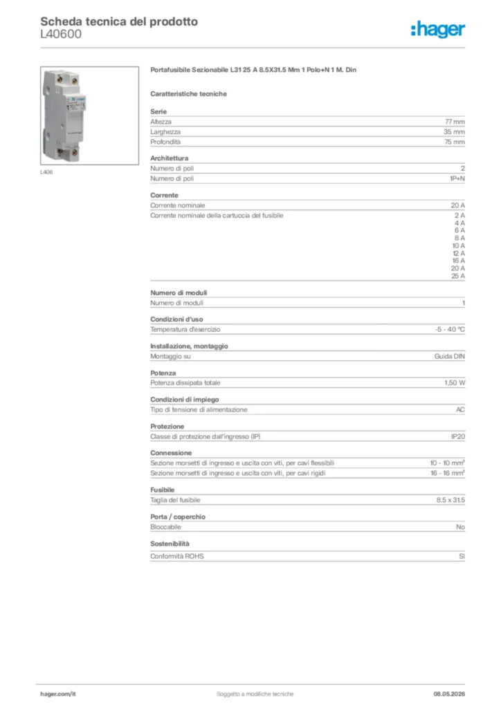 Immagine Hager Scheda tecnica del prodotto L40600 | Hager Italia