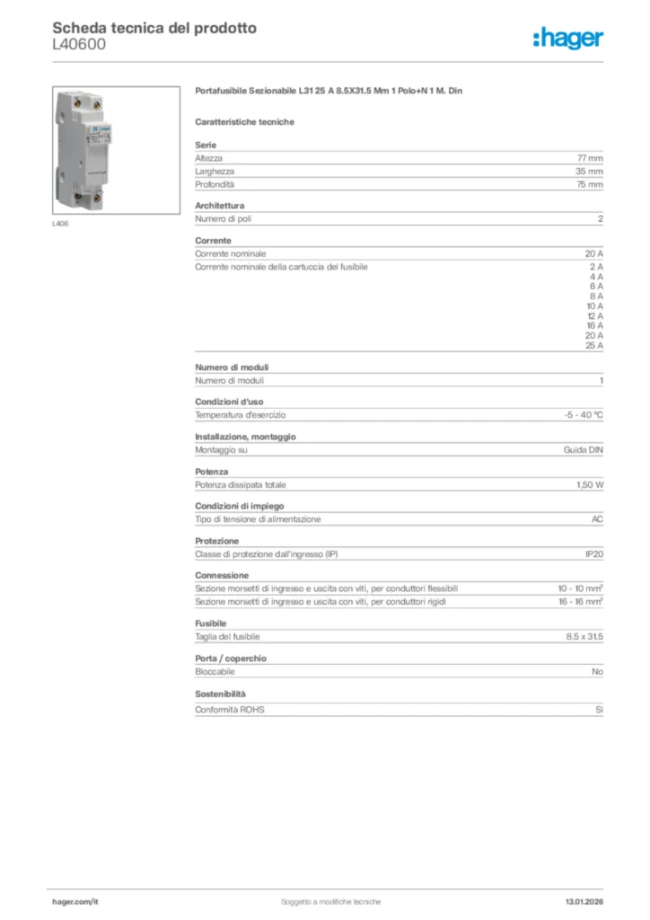 Immagine Hager Scheda tecnica del prodotto L40600 | Hager Italia