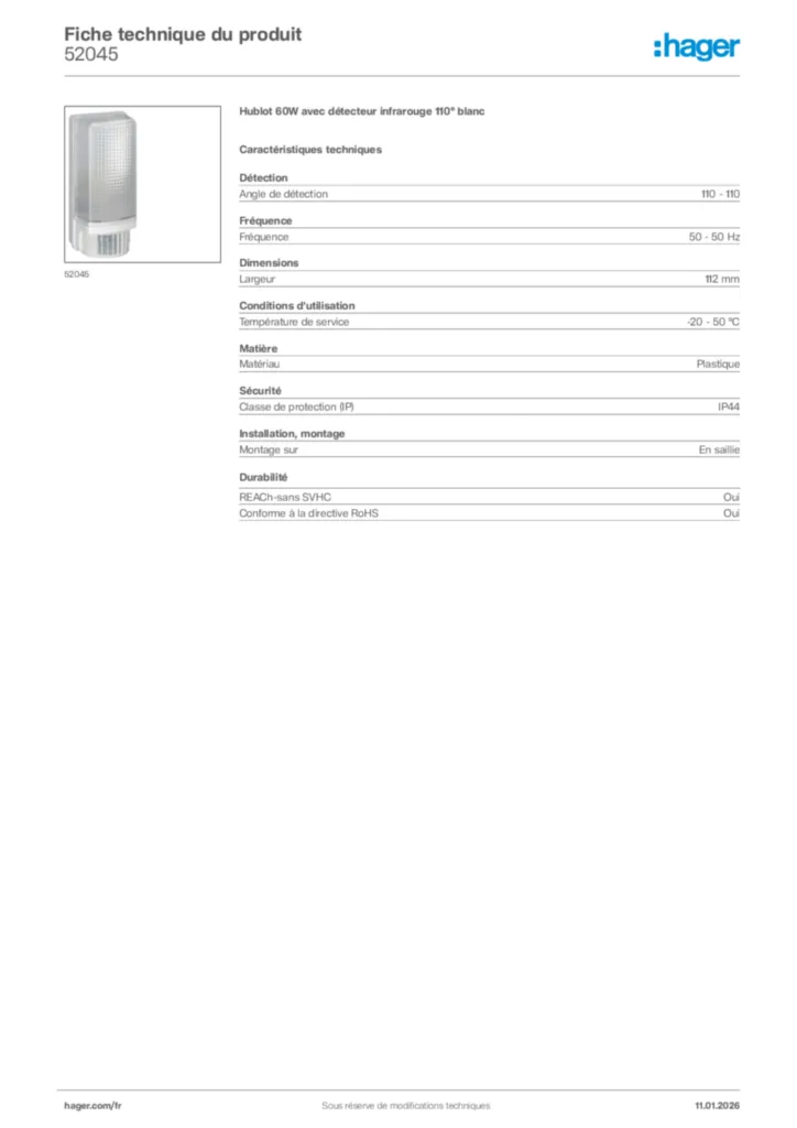 Image Hager Fiche technique du produit 52045 | Hager France