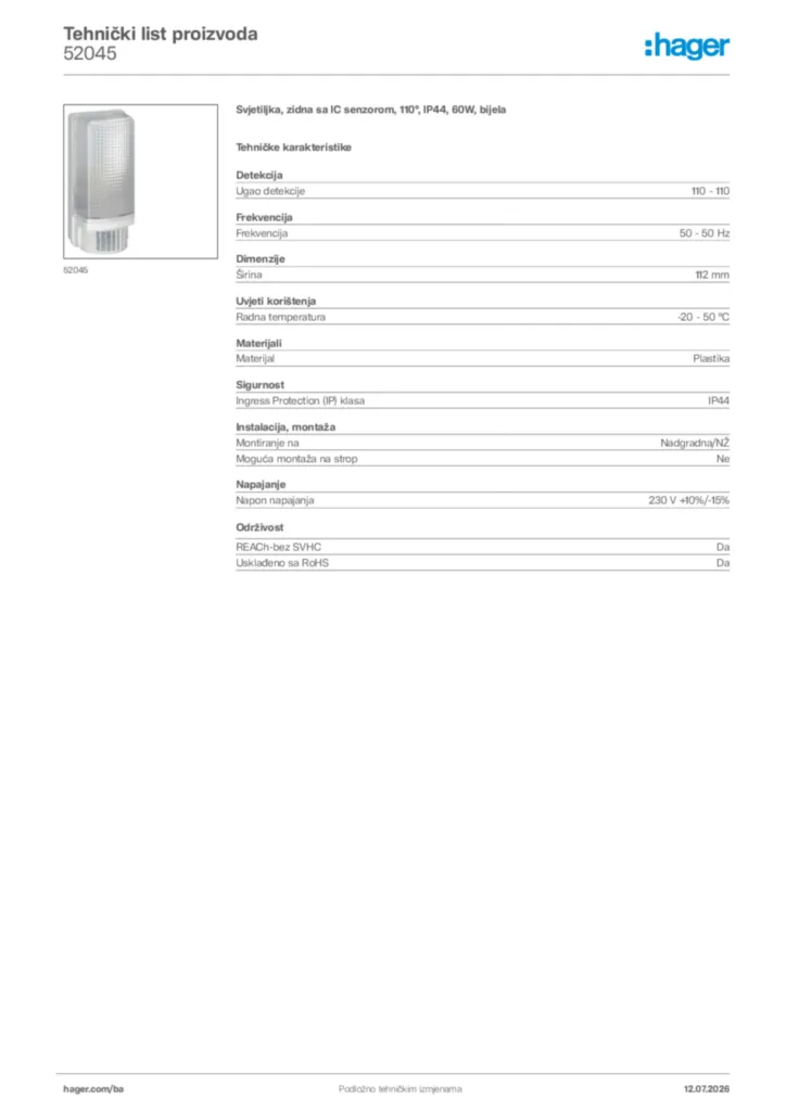 Slika Hager Tehnički list proizvoda 52045  | Hager