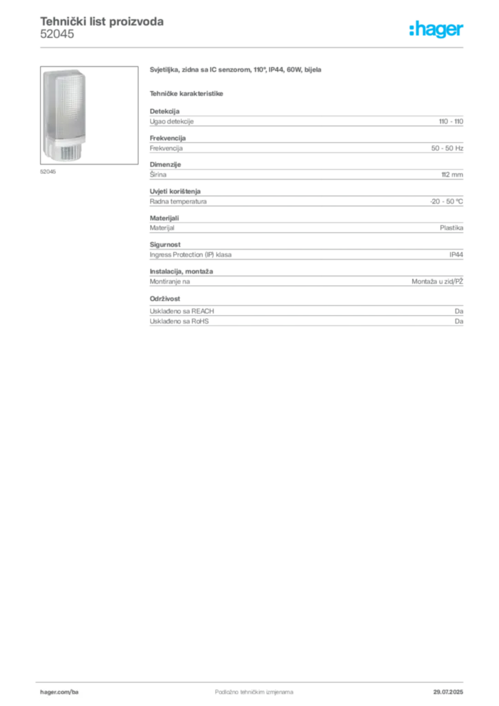 Slika Hager Product data sheet 52045  | Hager