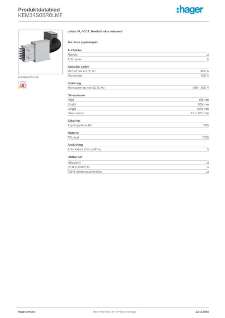 Bild Hager Produktdatablad KEM34S06R0LMF | Hager Sverige