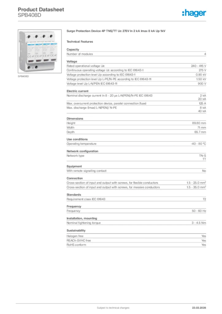 Image Hager Product data sheet SPB408D  | Hager Africa