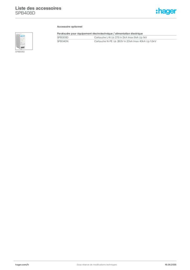 Image Hager Fiche technique du produit SPB408D | Hager France