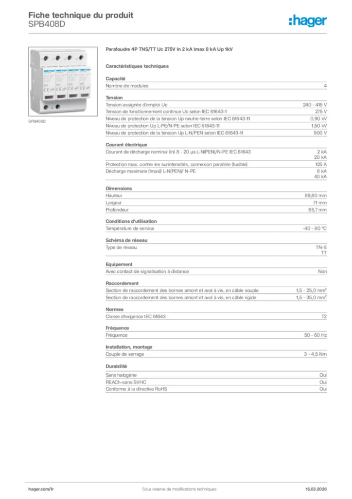 Image Hager Fiche technique du produit SPB408D | Hager France