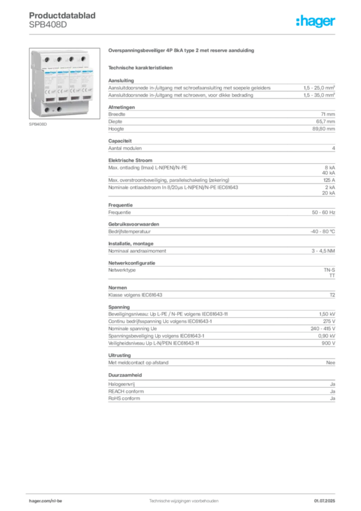 Afbeelding Hager Productdatablad SPB408D | Hager Belgium