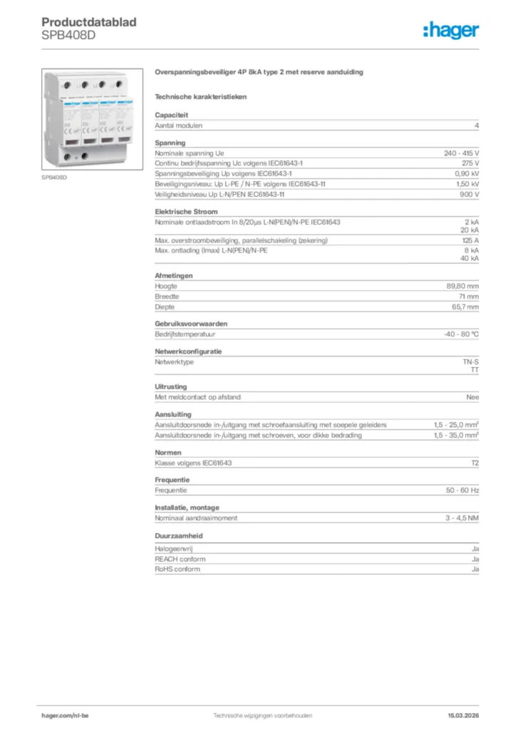 Afbeelding Hager Productdatablad SPB408D | Hager Belgium