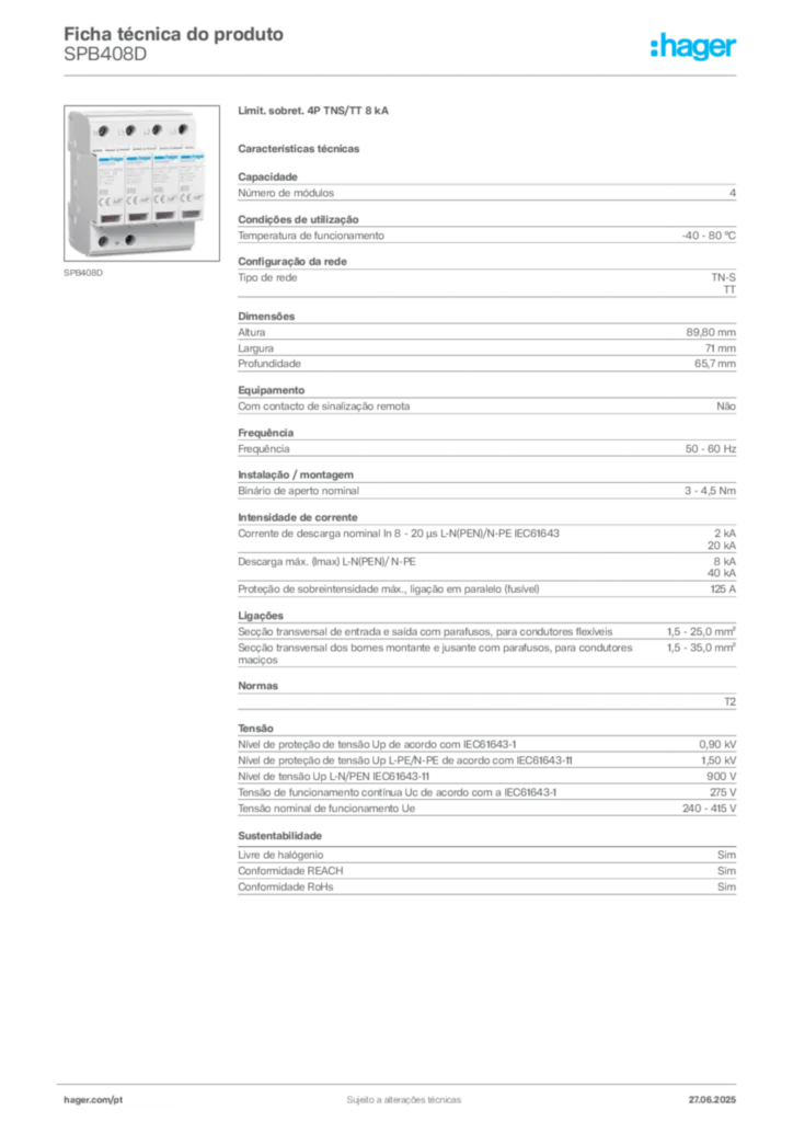 Imagem Hager Ficha técnica do produto SPB408D | Hager Portugal