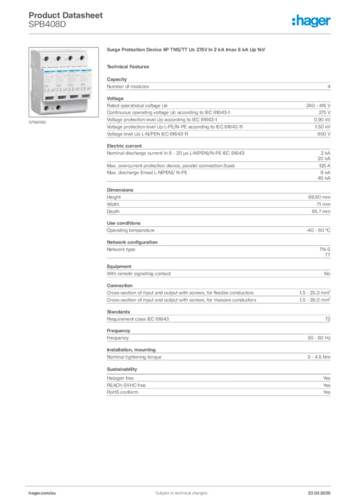 Image Hager Product data sheet SPB408D  | Hager Australia