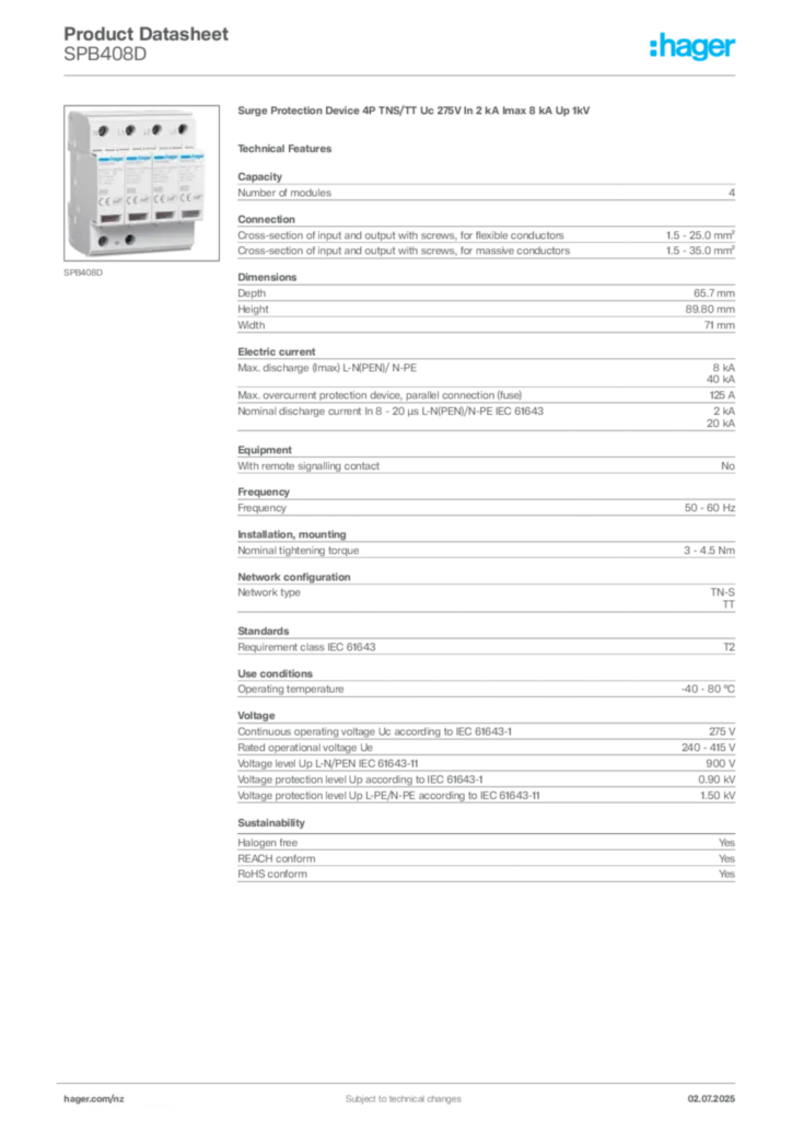 Image Hager Product data sheet SPB408D  | Hager New Zealand