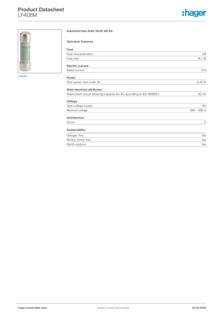 Image Hager Product data sheet LF406M  | Hager