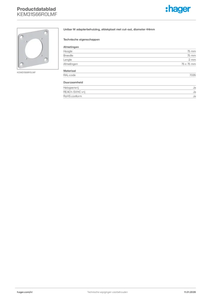 Afbeelding Hager Productdatablad KEM31S66R0LMF | Hager Nederland