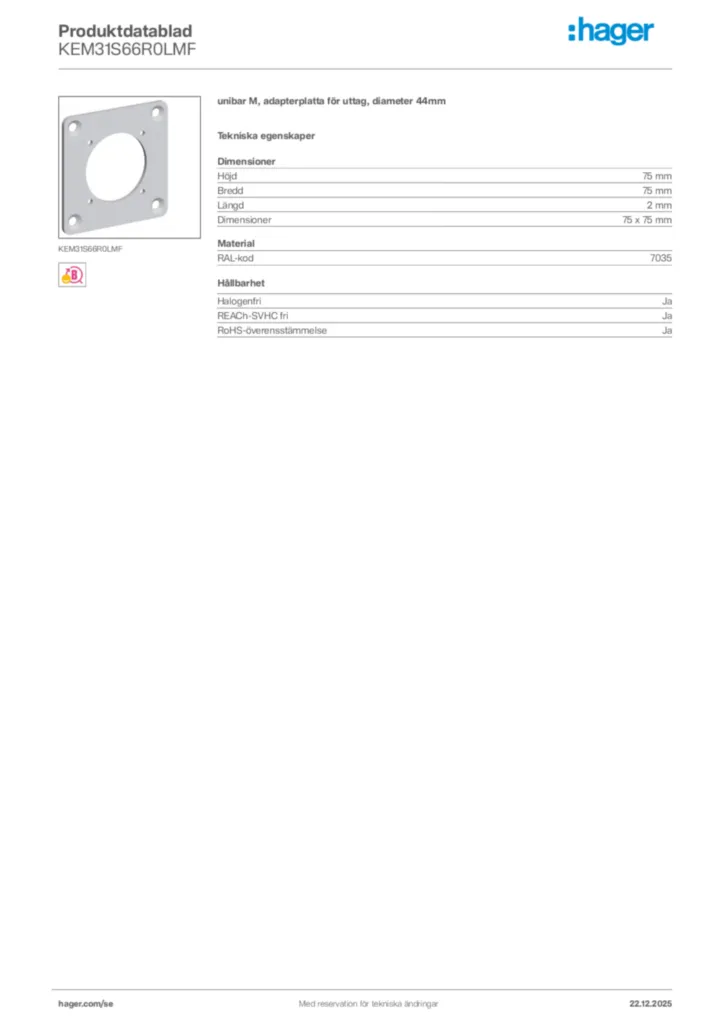 Bild Hager Produktdatablad KEM31S66R0LMF | Hager Sverige