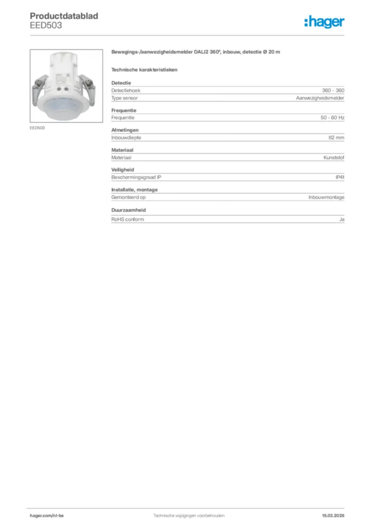 Afbeelding Hager Productdatablad EED503 | Hager Belgium