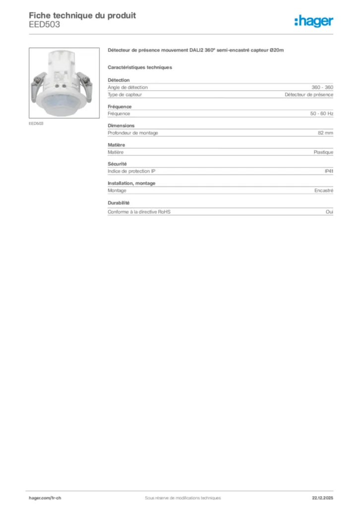 Image Hager Fiche technique du produit EED503 | Hager Suisse