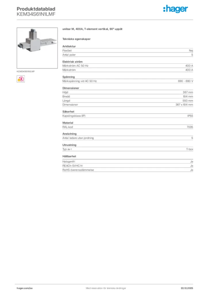 Bild Hager Produktdatablad KEM34S61N1LMF | Hager Sverige