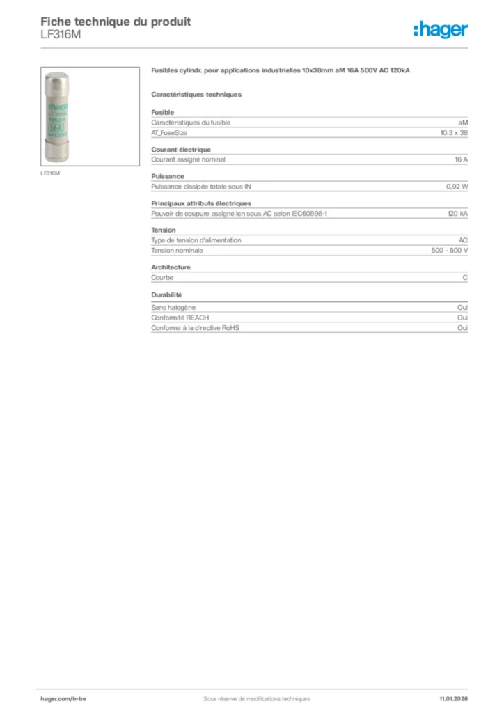 Image Hager Fiche technique du produit LF316M | Hager Belgique