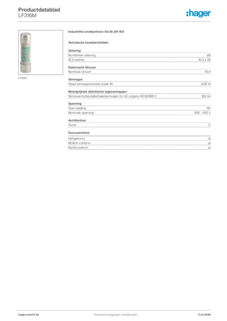 Afbeelding Hager Productdatablad LF316M | Hager Belgium