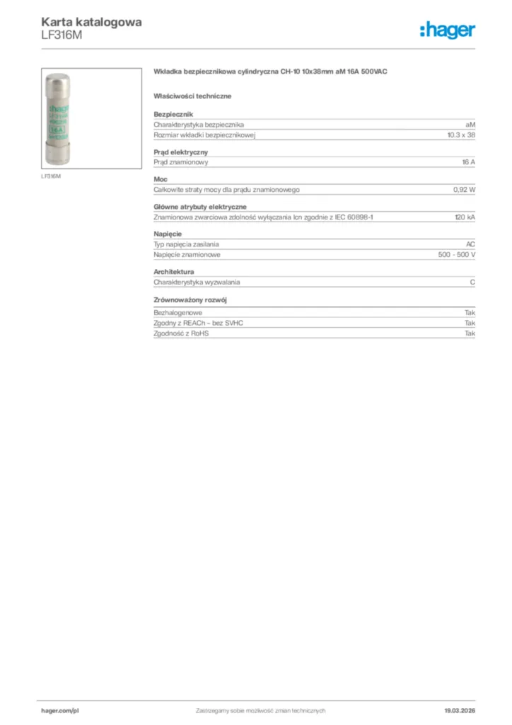 Zdjęcie Hager Karta katalogowa LF316M | Hager Polska