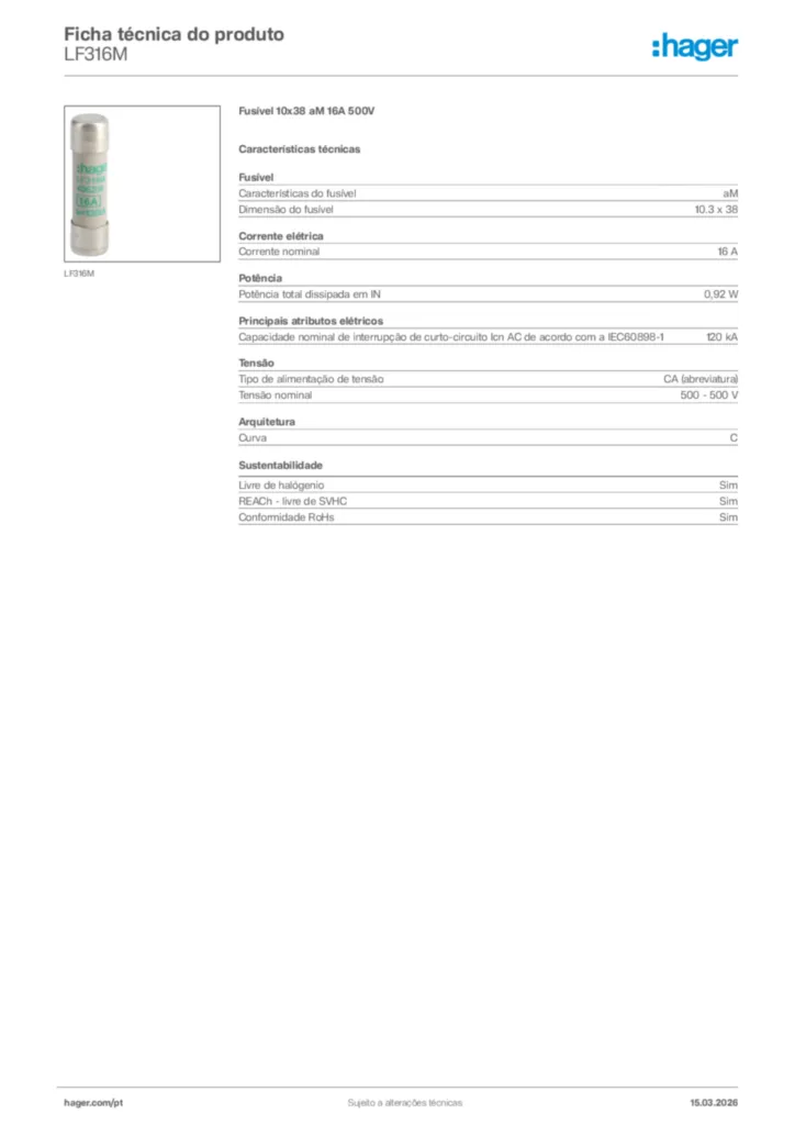 Imagem Hager Ficha técnica do produto LF316M | Hager Portugal