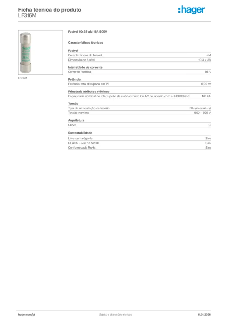Imagem Hager Ficha técnica do produto LF316M | Hager Portugal