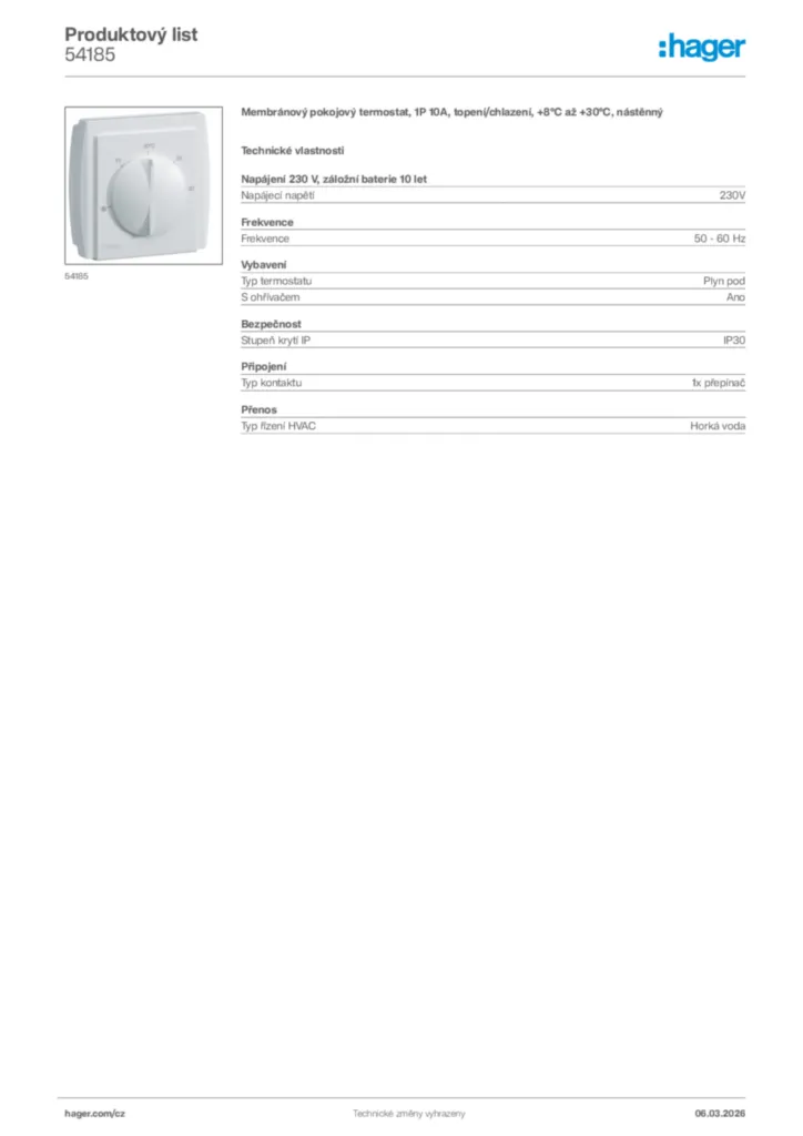 Obrázek Hager Product data sheet 54185 | Hager