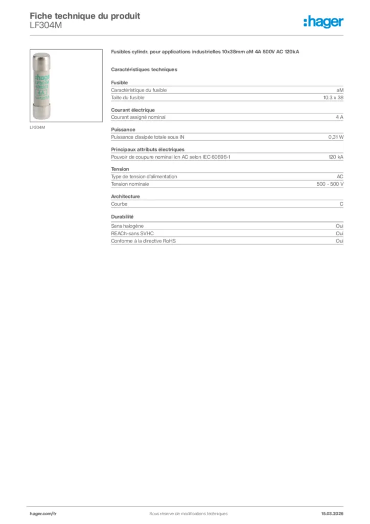 Image Hager Fiche technique du produit LF304M | Hager France