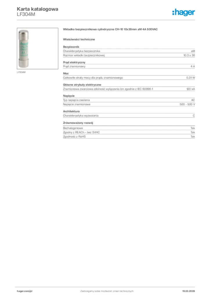 Zdjęcie Hager Karta katalogowa LF304M | Hager Polska