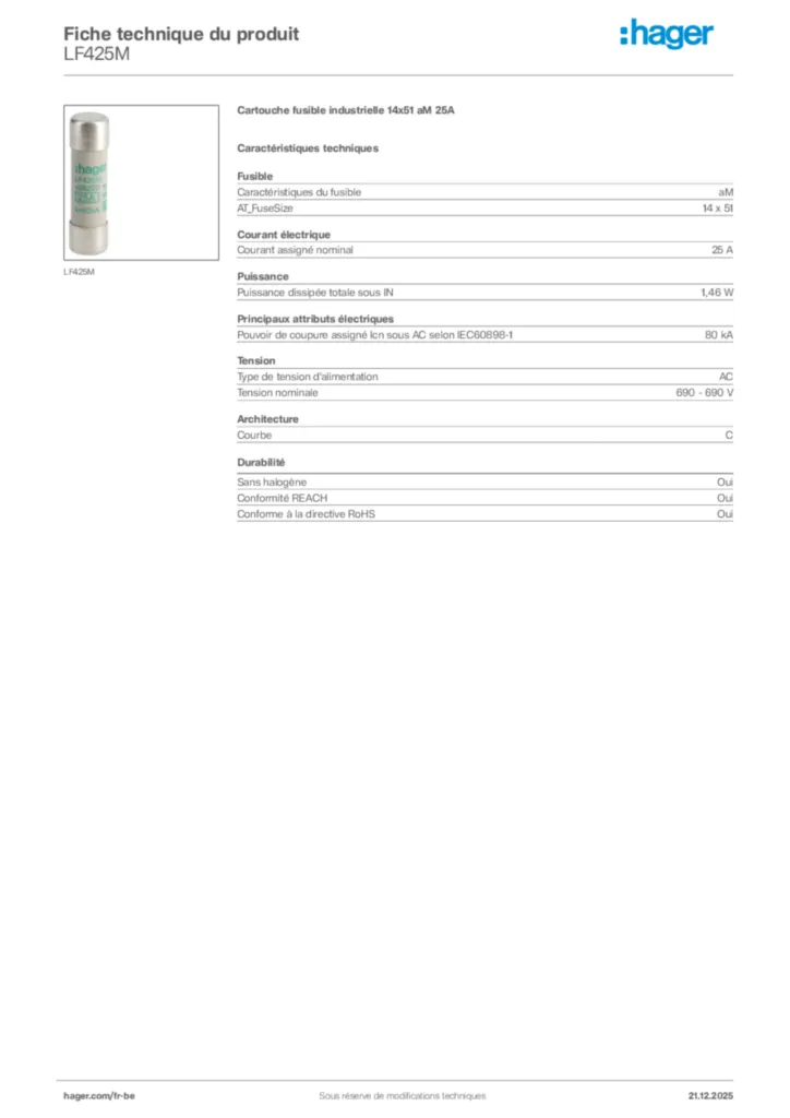 Image Hager Fiche technique du produit LF425M | Hager Belgique