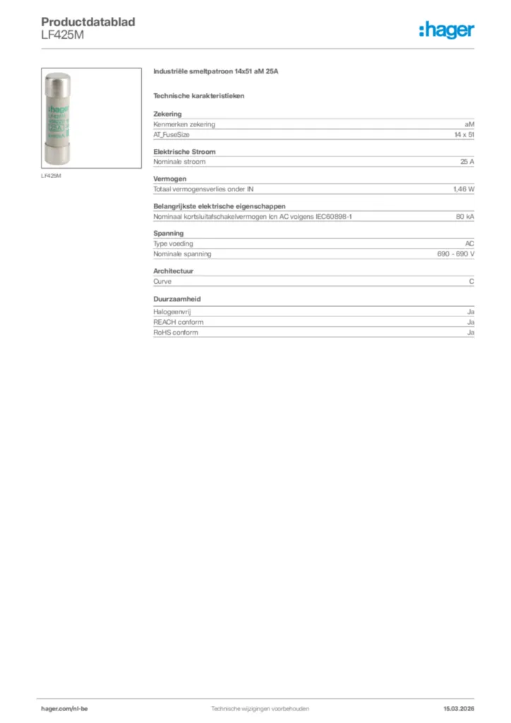 Afbeelding Hager Productdatablad LF425M | Hager Belgium