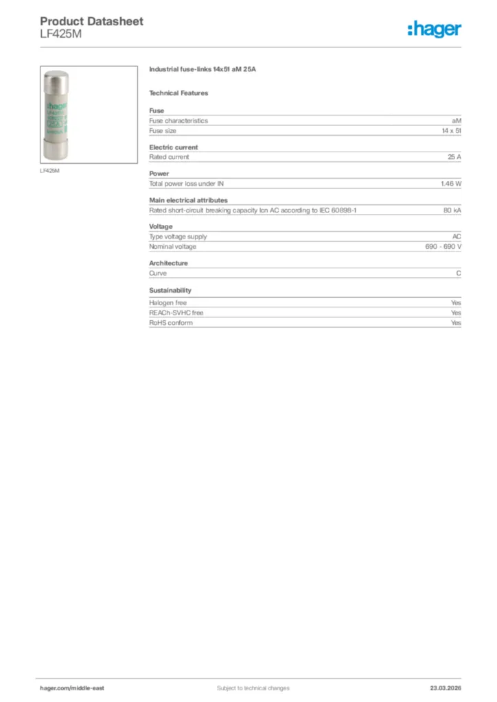 Image Hager Product data sheet LF425M  | Hager