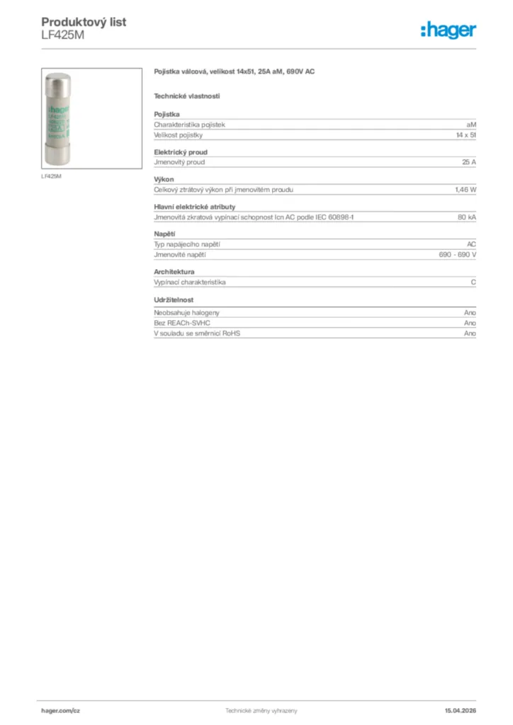 Obrázek Hager Product data sheet LF425M | Hager