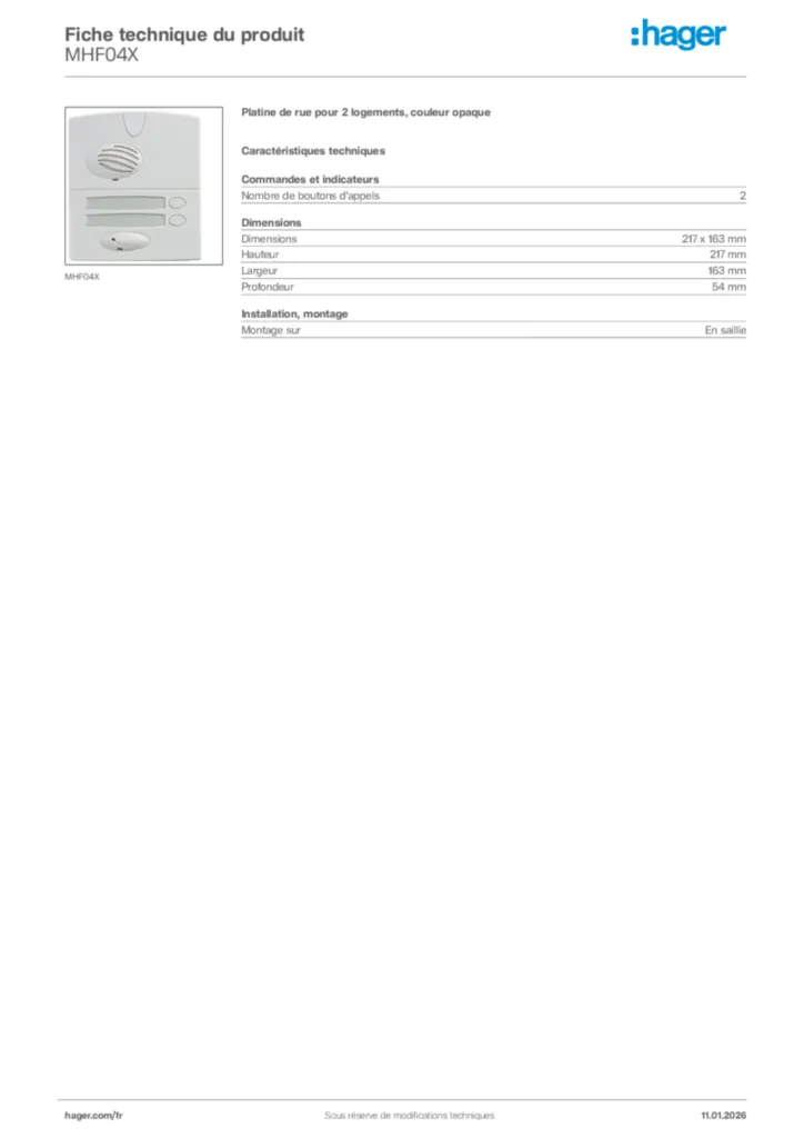 Image Hager Fiche technique du produit MHF04X | Hager France