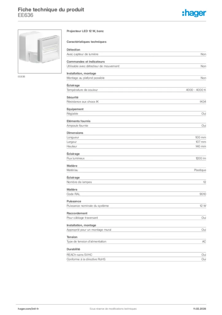 Image Hager Fiche technique du produit EE636 | Hager Afrique