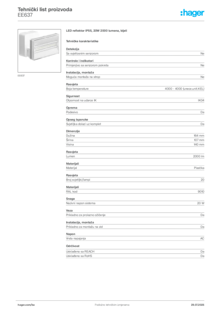 Slika Hager Product data sheet EE637  | Hager
