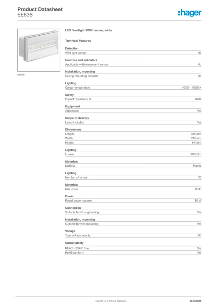 Image Hager Product data sheet EE638  | Hager Africa