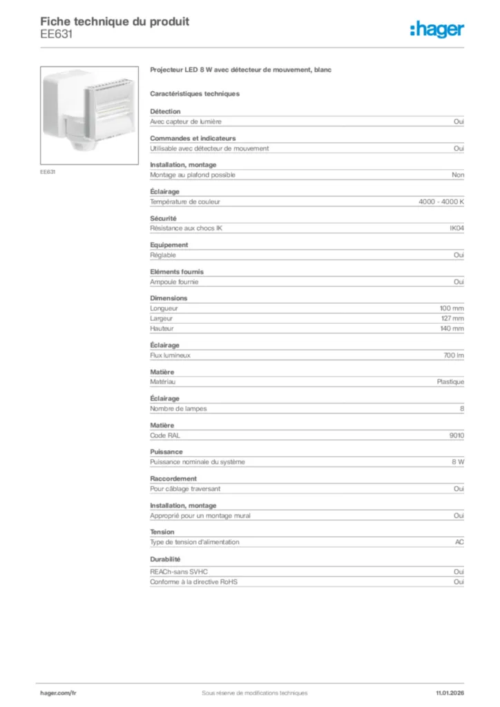 Image Hager Fiche technique du produit EE631 | Hager France